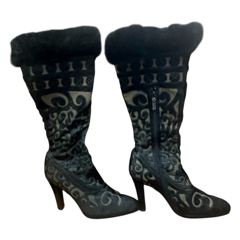 Leather Fur Trim Dress Heeled Boots. Size 39